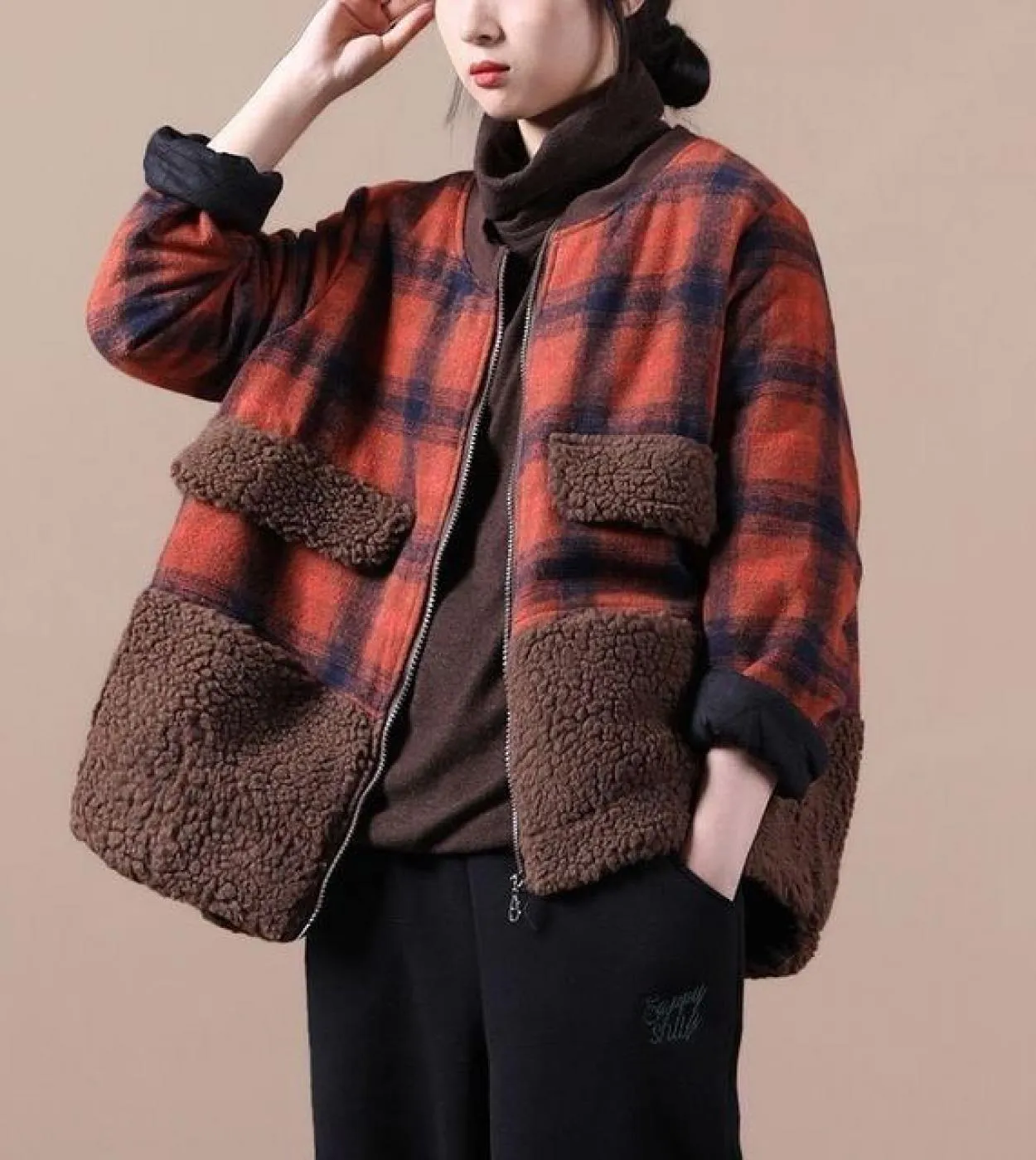 2022 New Arts Style Autunno Inverno Donna manica lunga sciolto addensare giacche di cotone caldo patchwork scozzese cappotto cor