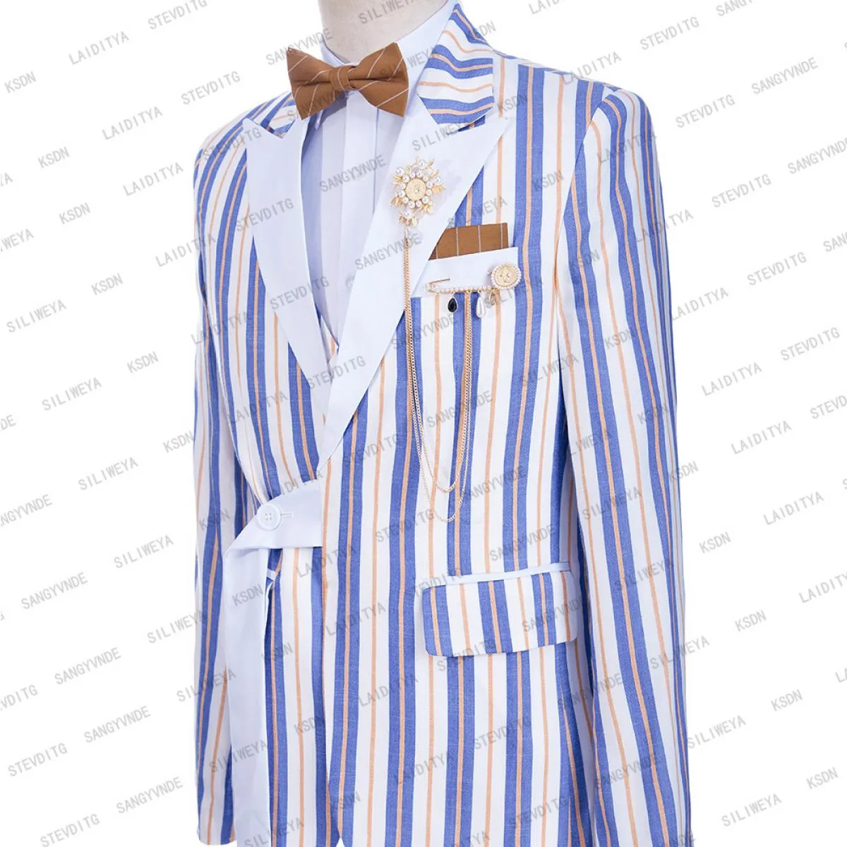 2023 Abito da uomo alla moda Blu Bianco Arancione Striscia mista Slim Fit Performance Costume di scena Cappotto con risvolto con