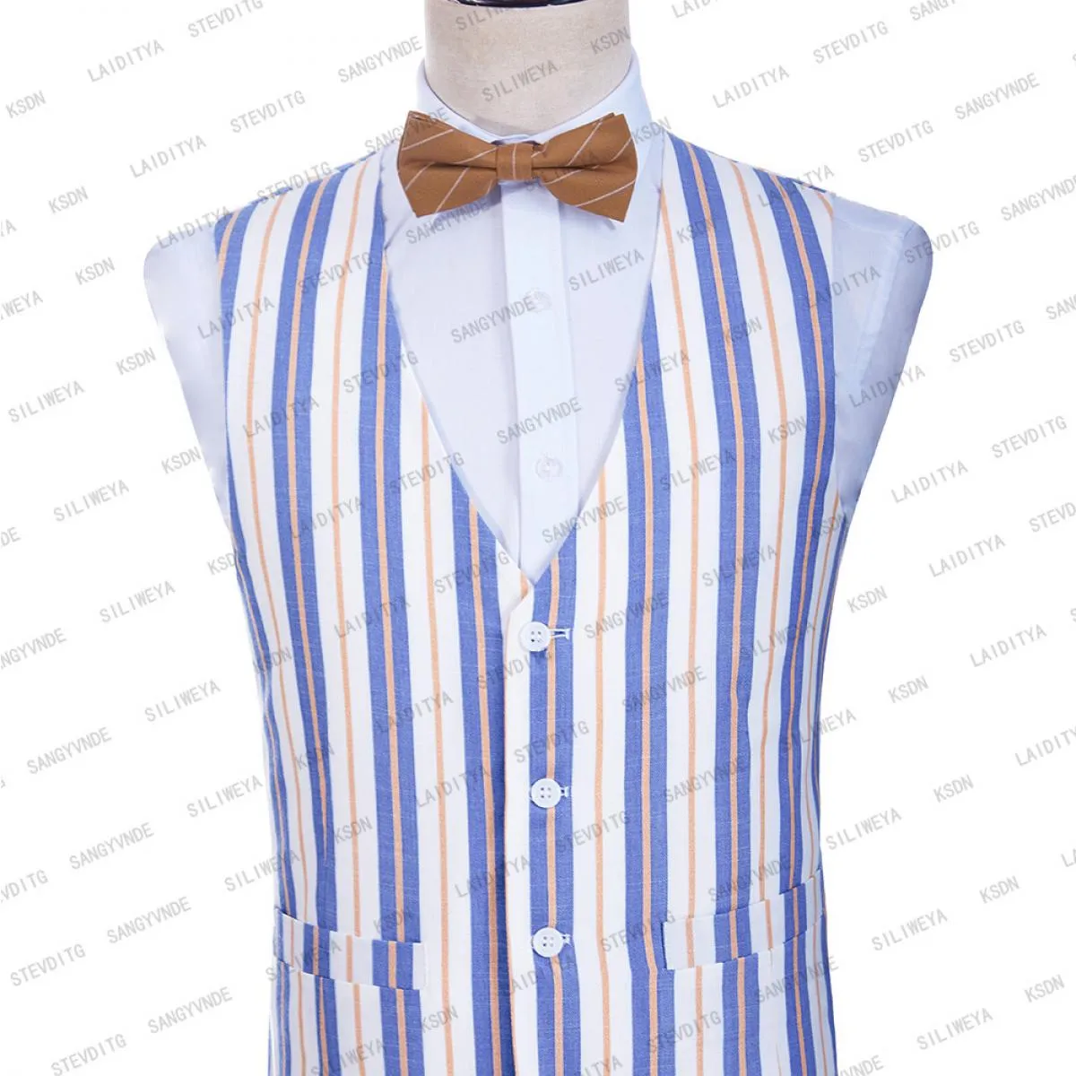2023 Abito da uomo alla moda Blu Bianco Arancione Striscia mista Slim Fit Performance Costume di scena Cappotto con risvolto con