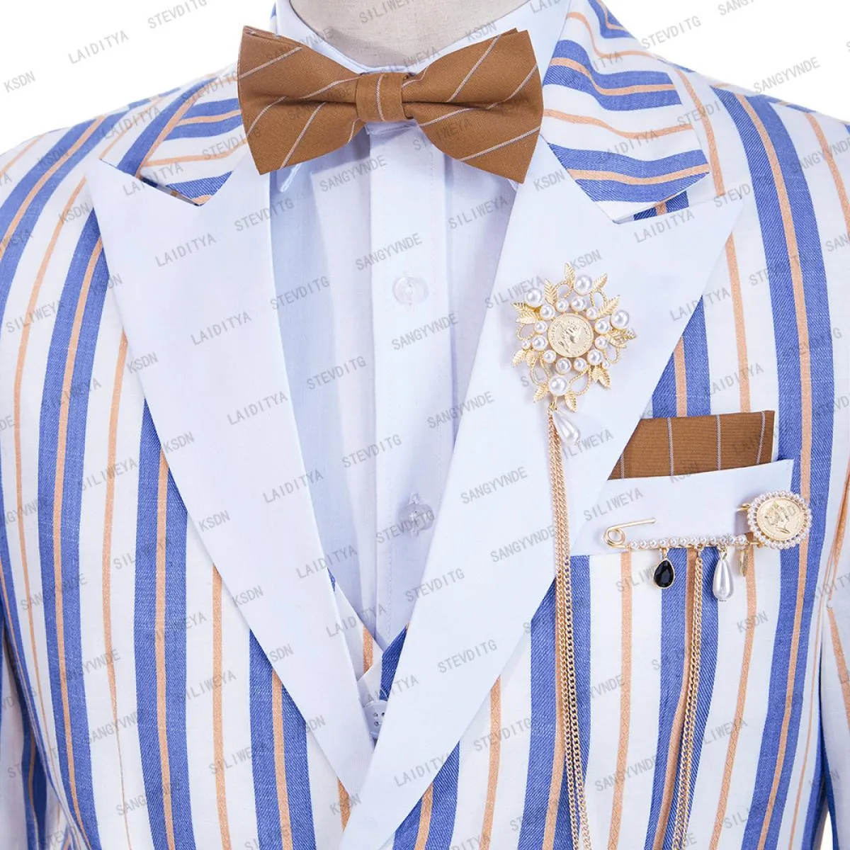 2023 Abito da uomo alla moda Blu Bianco Arancione Striscia mista Slim Fit Performance Costume di scena Cappotto con risvolto con