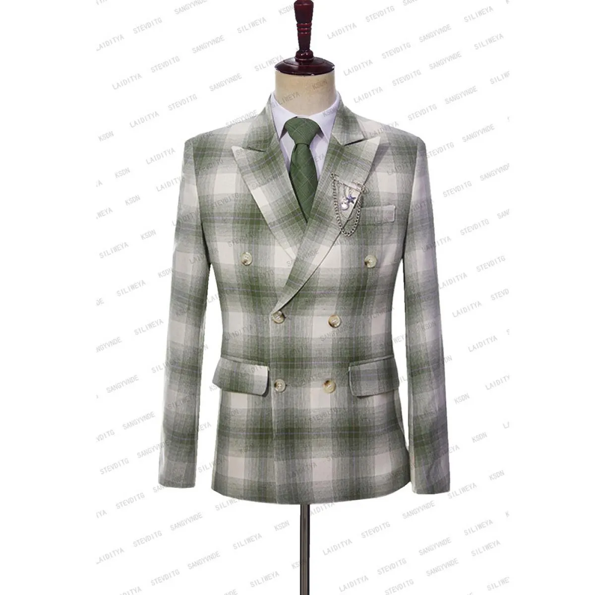 2023 Blazer da uomo in lino verde chiaro a quadri scozzesi doppio petto cappotto in tre pezzi pantaloni gilet slim fit casual gr