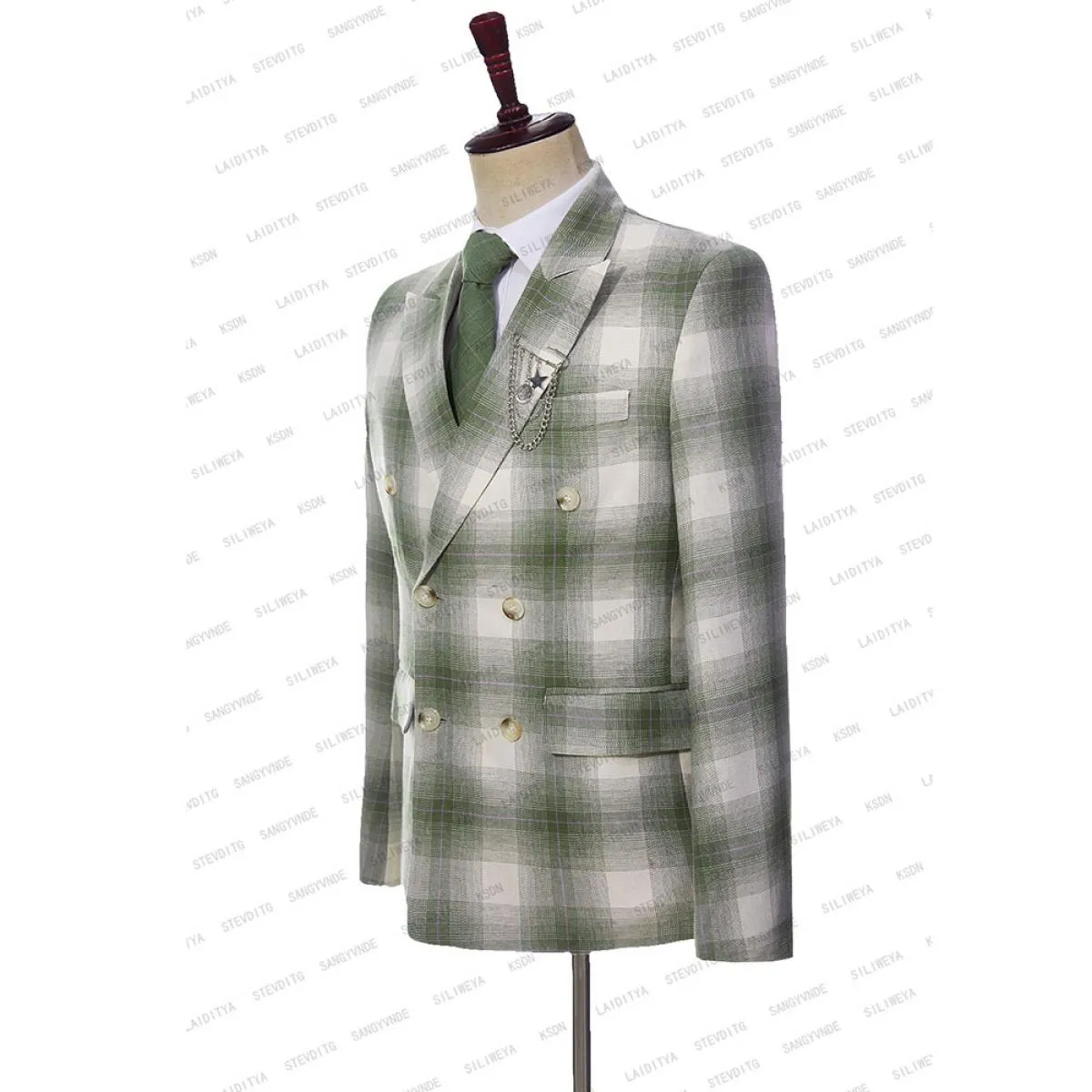 2023 Blazer da uomo in lino verde chiaro a quadri scozzesi doppio petto cappotto in tre pezzi pantaloni gilet slim fit casual gr