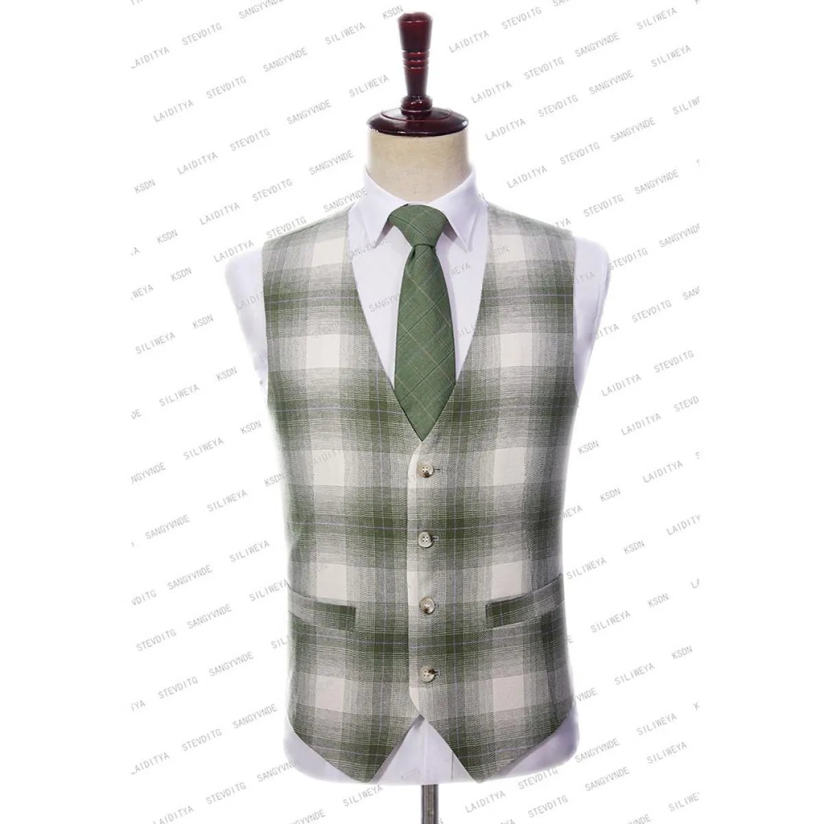 2023 Blazer da uomo in lino verde chiaro a quadri scozzesi doppio petto cappotto in tre pezzi pantaloni gilet slim fit casual gr