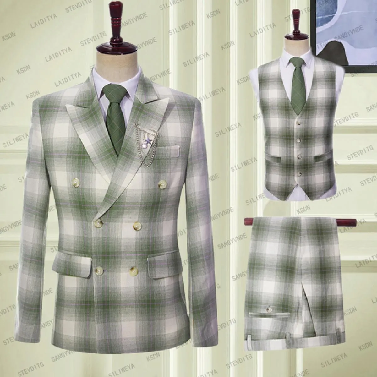 2023 Blazer da uomo in lino verde chiaro a quadri scozzesi doppio petto cappotto in tre pezzi pantaloni gilet slim fit casual gr
