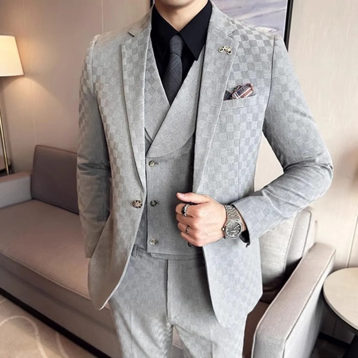 2023 moda nuovi uomini per il tempo libero boutique affari plaid abito da sposa host 3 pezzi set giacca cappotto gilet pantaloni