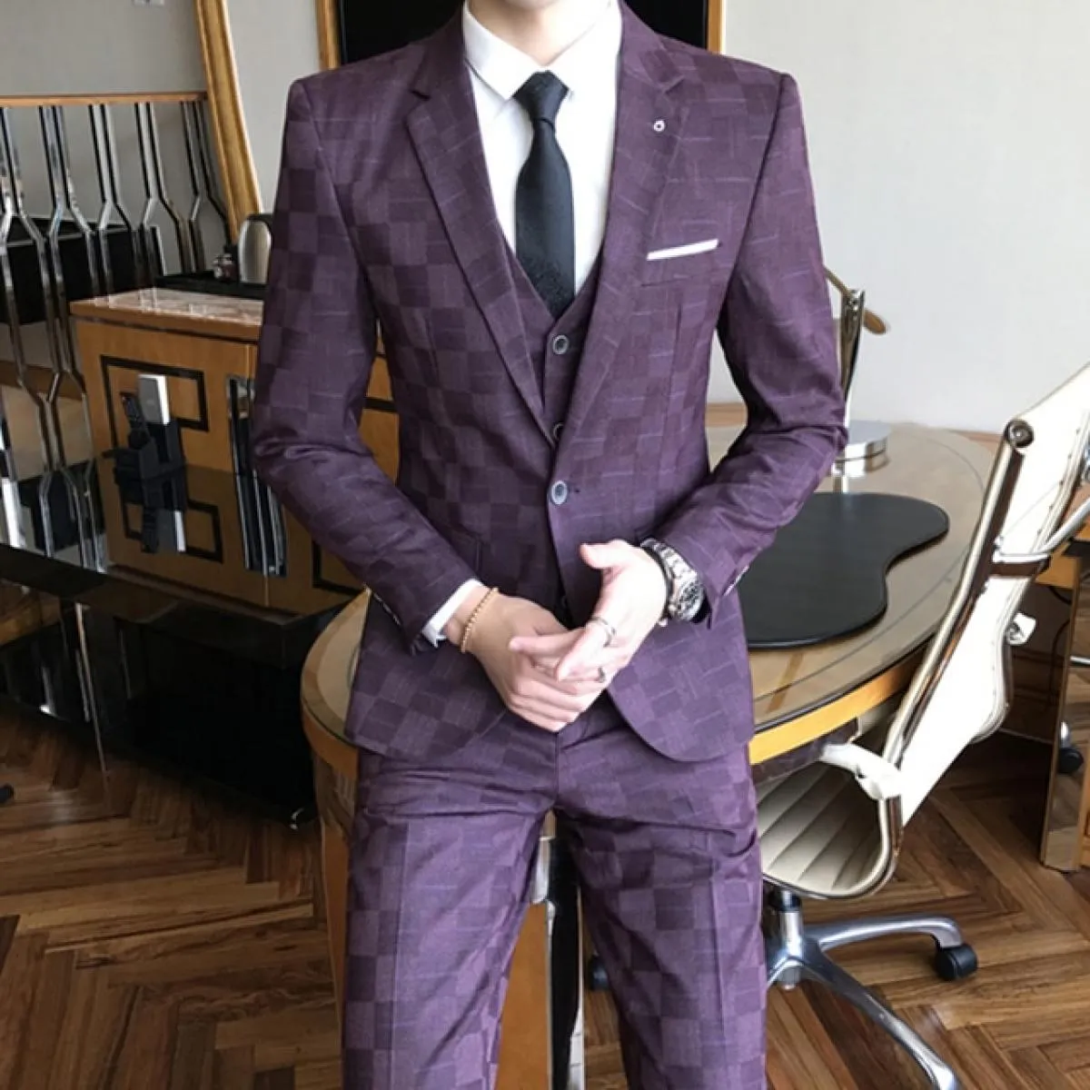2023 moda nuovi uomini per il tempo libero boutique affari plaid abito da sposa host 3 pezzi set giacca cappotto gilet pantaloni