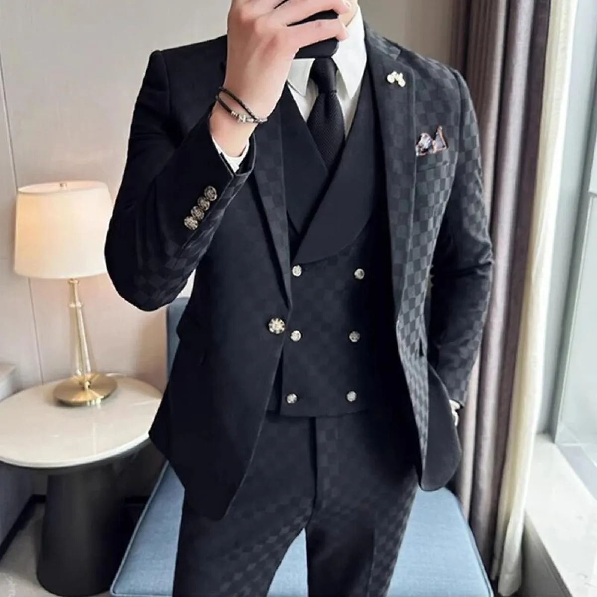 2023 moda nuovi uomini per il tempo libero boutique affari plaid abito da sposa host 3 pezzi set giacca cappotto gilet pantaloni