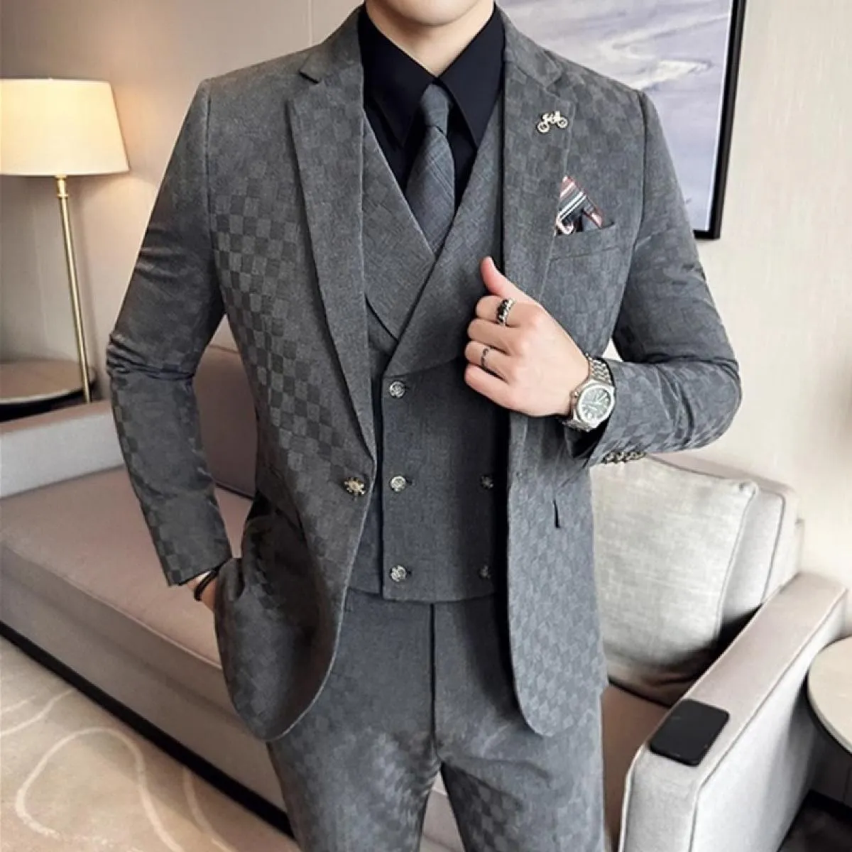 2023 moda nuovi uomini per il tempo libero boutique affari plaid abito da sposa host 3 pezzi set giacca cappotto gilet pantaloni