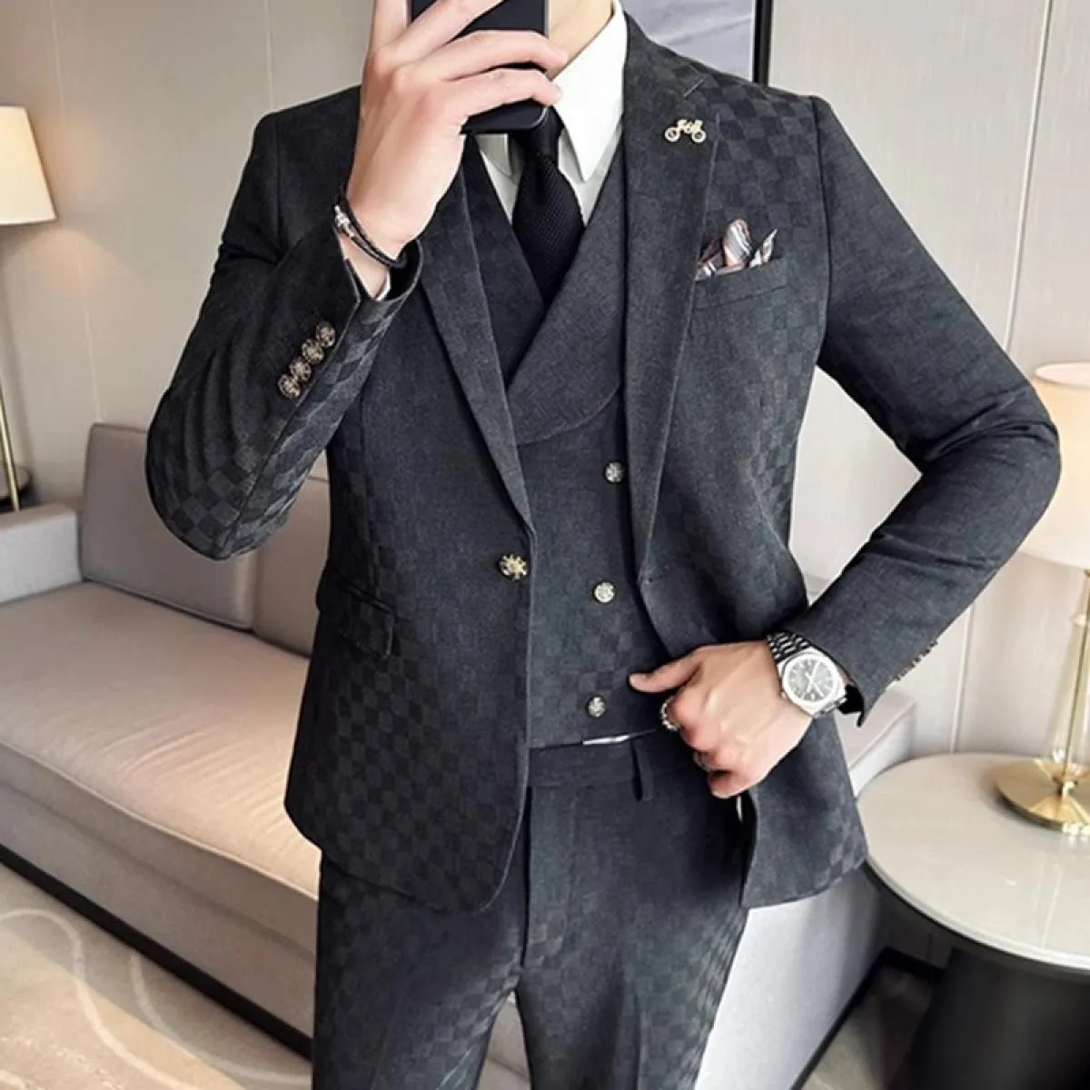 2023 moda nuovi uomini per il tempo libero boutique affari plaid abito da sposa host 3 pezzi set giacca cappotto gilet pantaloni