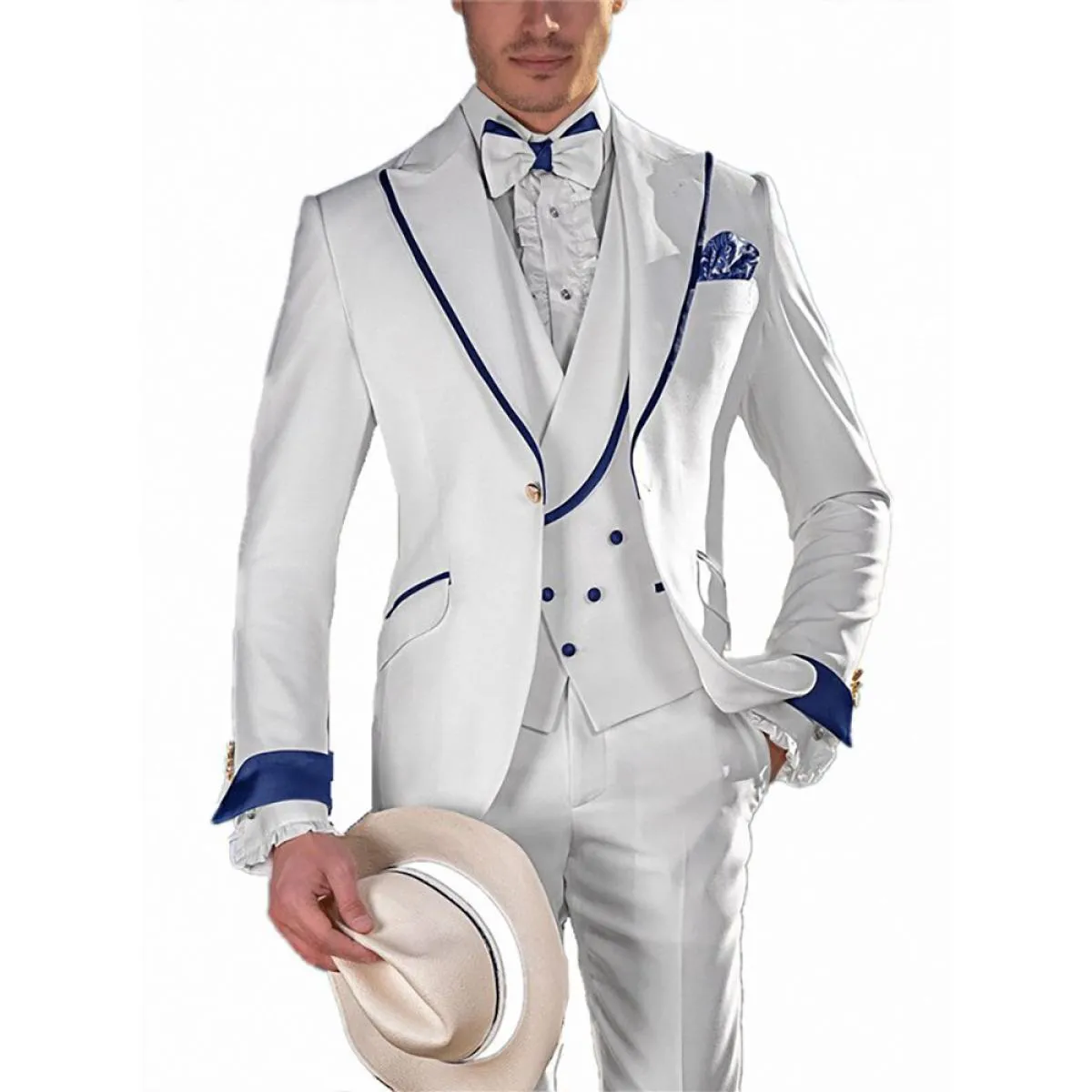 Abiti monopetto per uomo bianco tre pezzi Terno Costume Hombres smoking di lusso giacca formale pantaloni gilet Chaleco Mas