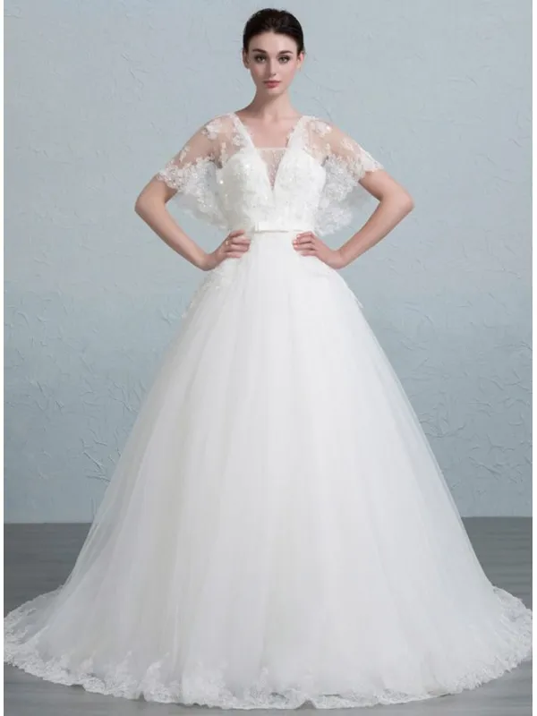 Abito da Sposa A-line con manica corta tipo mantellina in tulle e pizzo