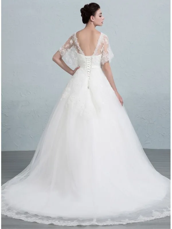 Abito da Sposa A-line con manica corta tipo mantellina in tulle e pizzo