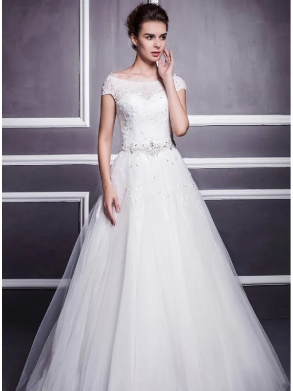 Abito da Sposa A-line economico in tulle con Scollo a barchetta e Applicazioni