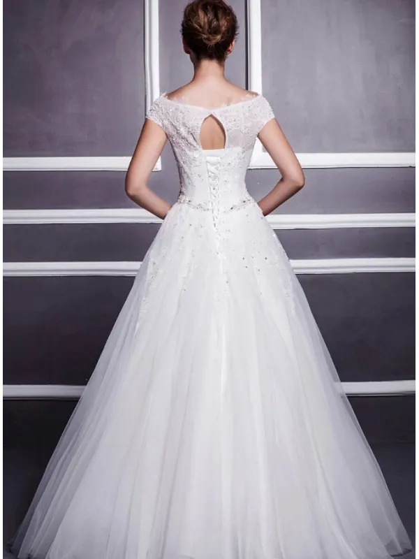 Abito da Sposa A-line economico in tulle con Scollo a barchetta e Applicazioni