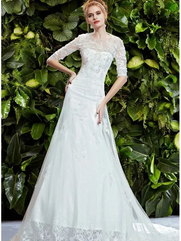 Abito da Sposa Accollato economico in pizzo con maniche lunghe
