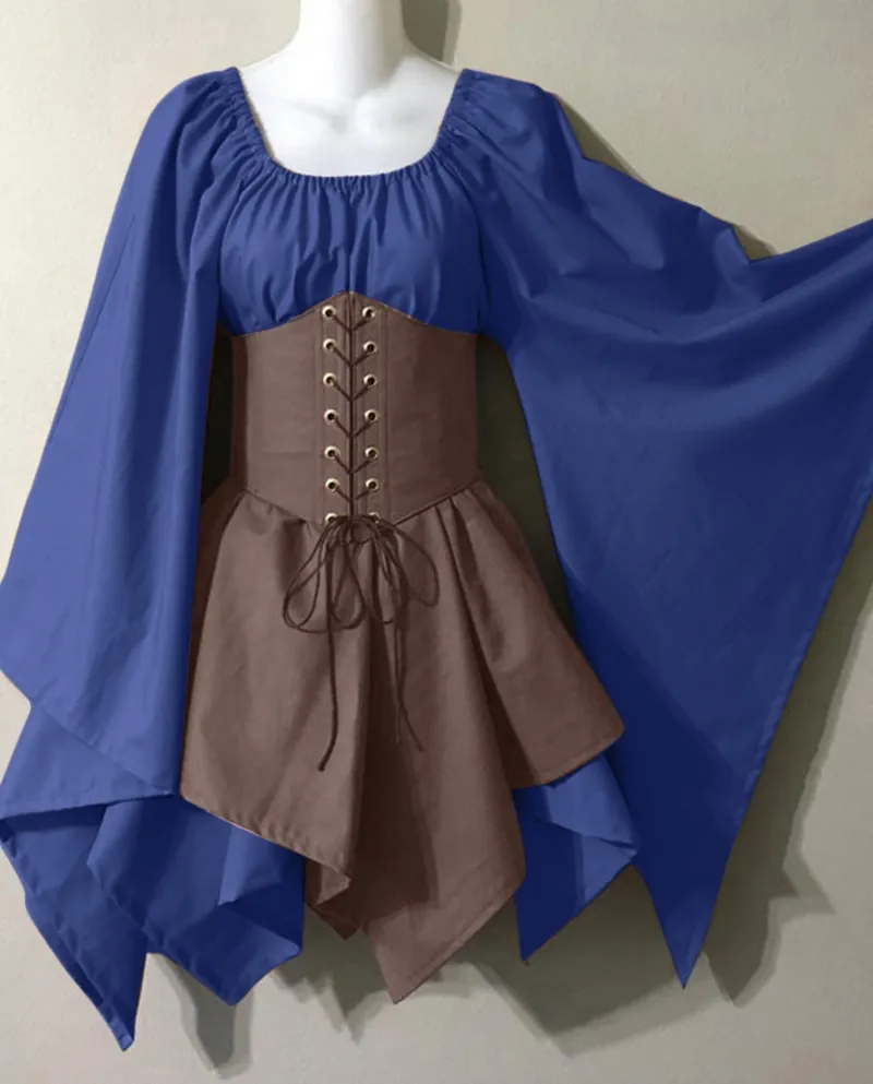 Abito in costume medievale per donna Abito a camicia irlandese con maniche a tromba con corsetto Abito tradizionale Abito corto