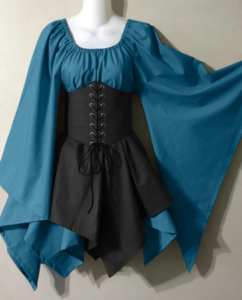 Abito in costume medievale per donna Abito a camicia irlandese con maniche a tromba con corsetto Abito tradizionale Abito corto