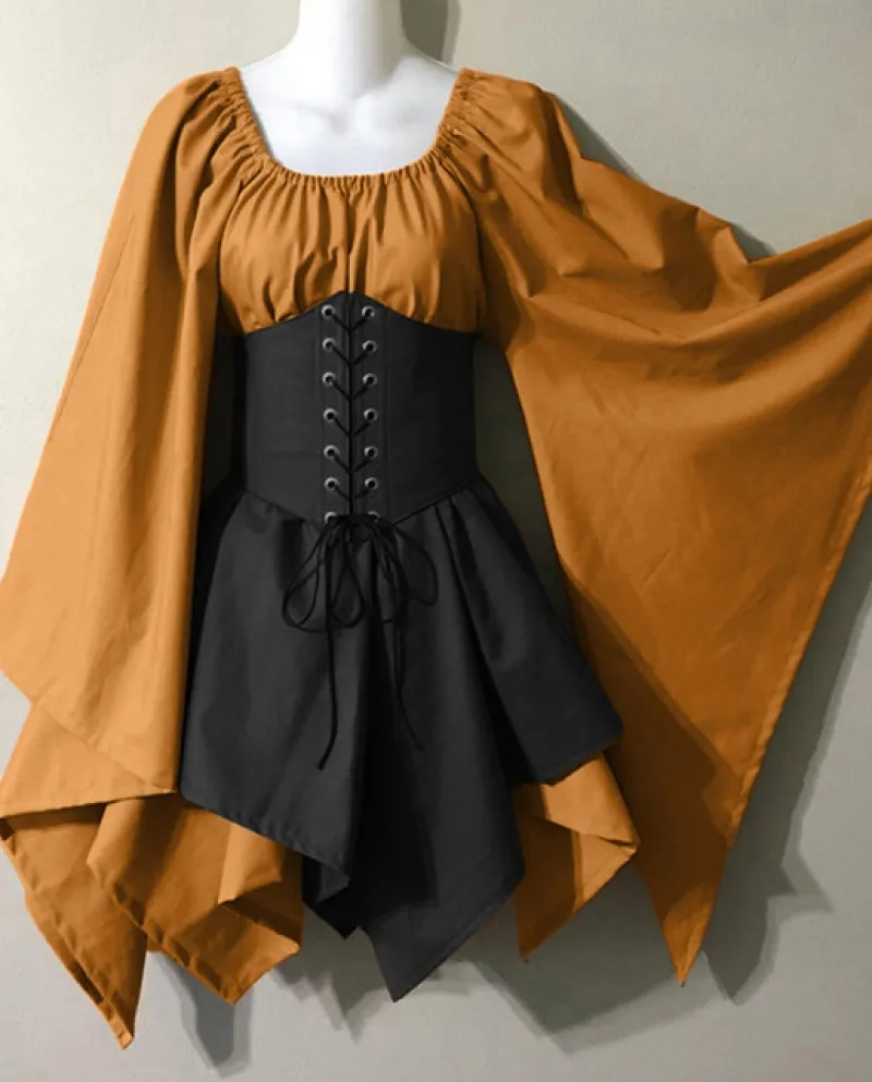 Abito in costume medievale per donna Abito a camicia irlandese con maniche a tromba con corsetto Abito tradizionale Abito corto