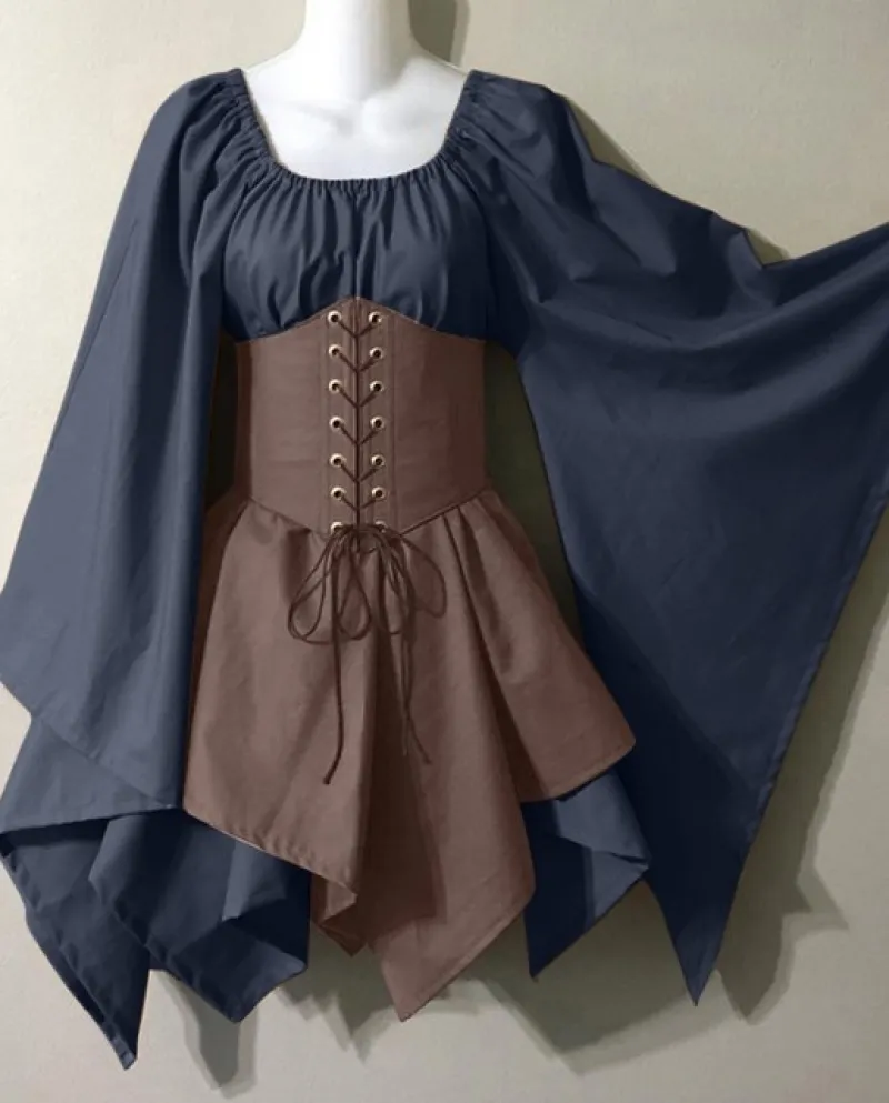 Abito in costume medievale per donna Abito a camicia irlandese con maniche a tromba con corsetto Abito tradizionale Abito corto