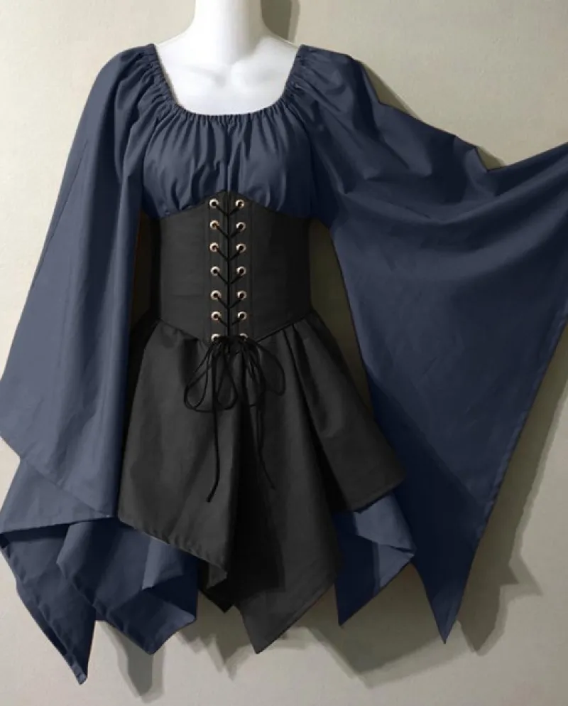 Abito in costume medievale per donna Abito a camicia irlandese con maniche a tromba con corsetto Abito tradizionale Abito corto
