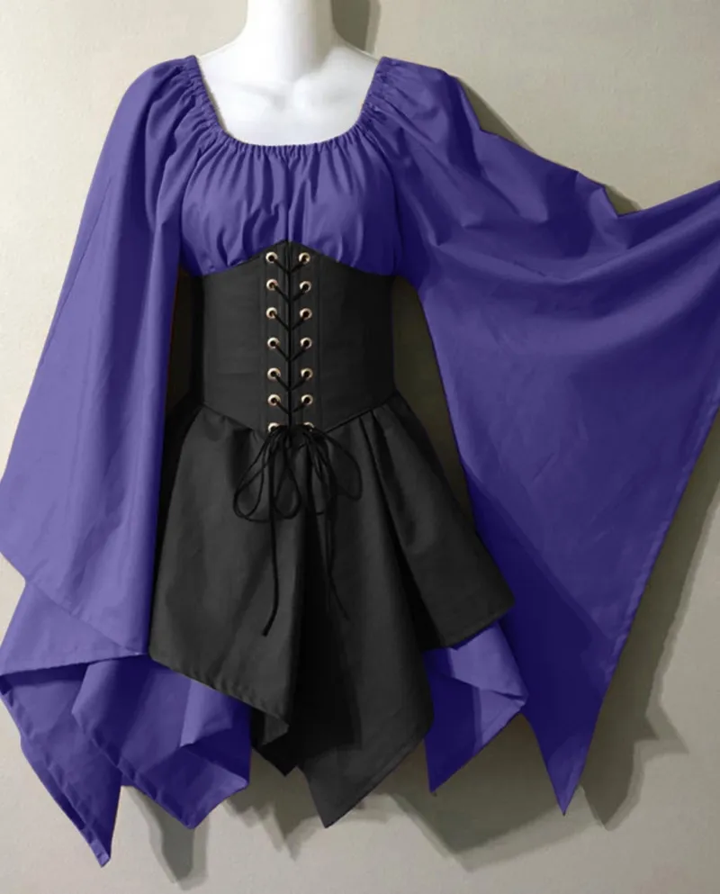 Abito in costume medievale per donna Abito a camicia irlandese con maniche a tromba con corsetto Abito tradizionale Abito corto