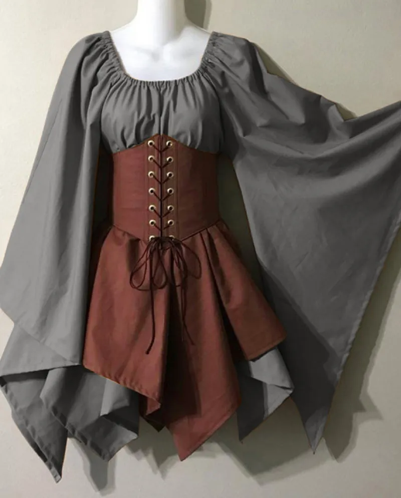 Abito in costume medievale per donna Abito a camicia irlandese con maniche a tromba con corsetto Abito tradizionale Abito corto