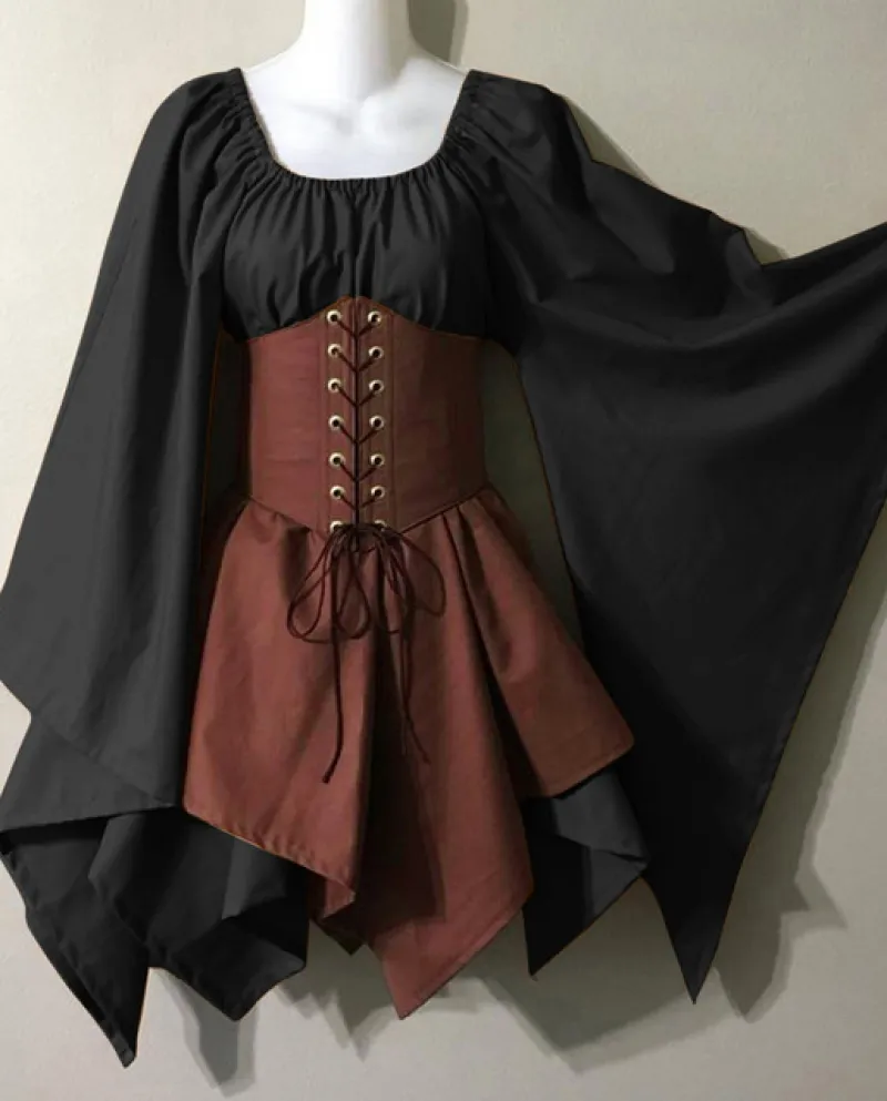 Abito in costume medievale per donna Abito a camicia irlandese con maniche a tromba con corsetto Abito tradizionale Abito corto
