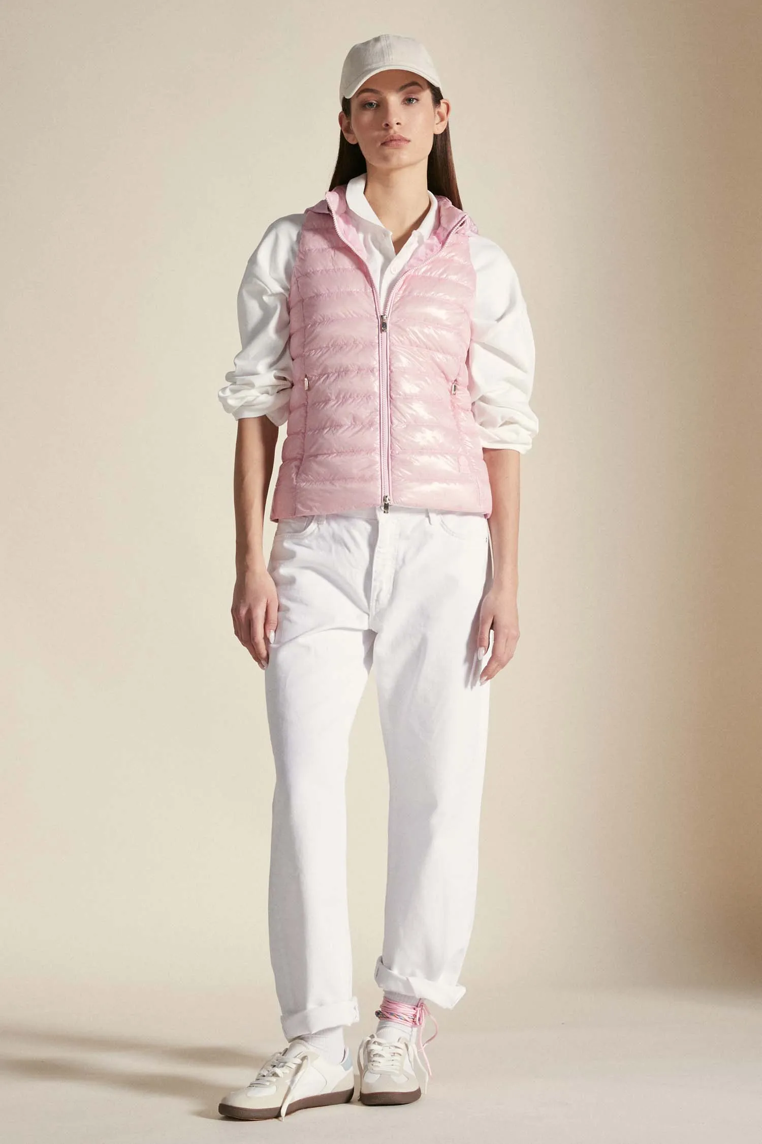 ALYA – Gilet rosa pastello con cappuccio in nylon leggero