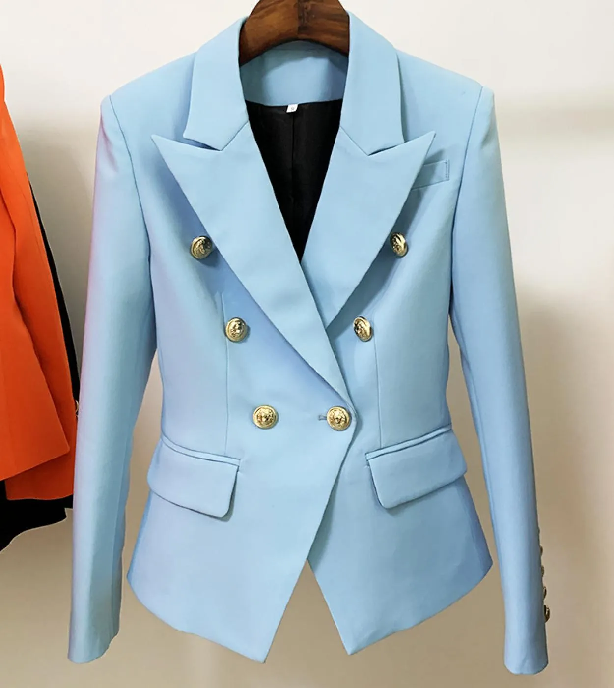Blazer blu cielo Donna Nuovo cappotto da giacca femminile Moda fibbia in metallo Doppio petto Bottoni dorati Abito Baby Blue Bla
