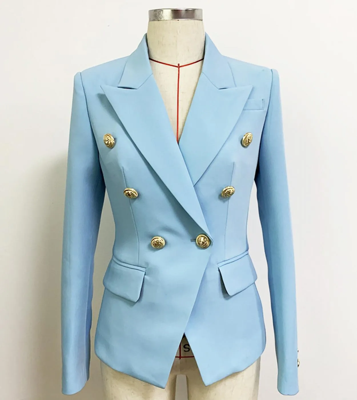 Blazer blu cielo Donna Nuovo cappotto da giacca femminile Moda fibbia in metallo Doppio petto Bottoni dorati Abito Baby Blue Bla