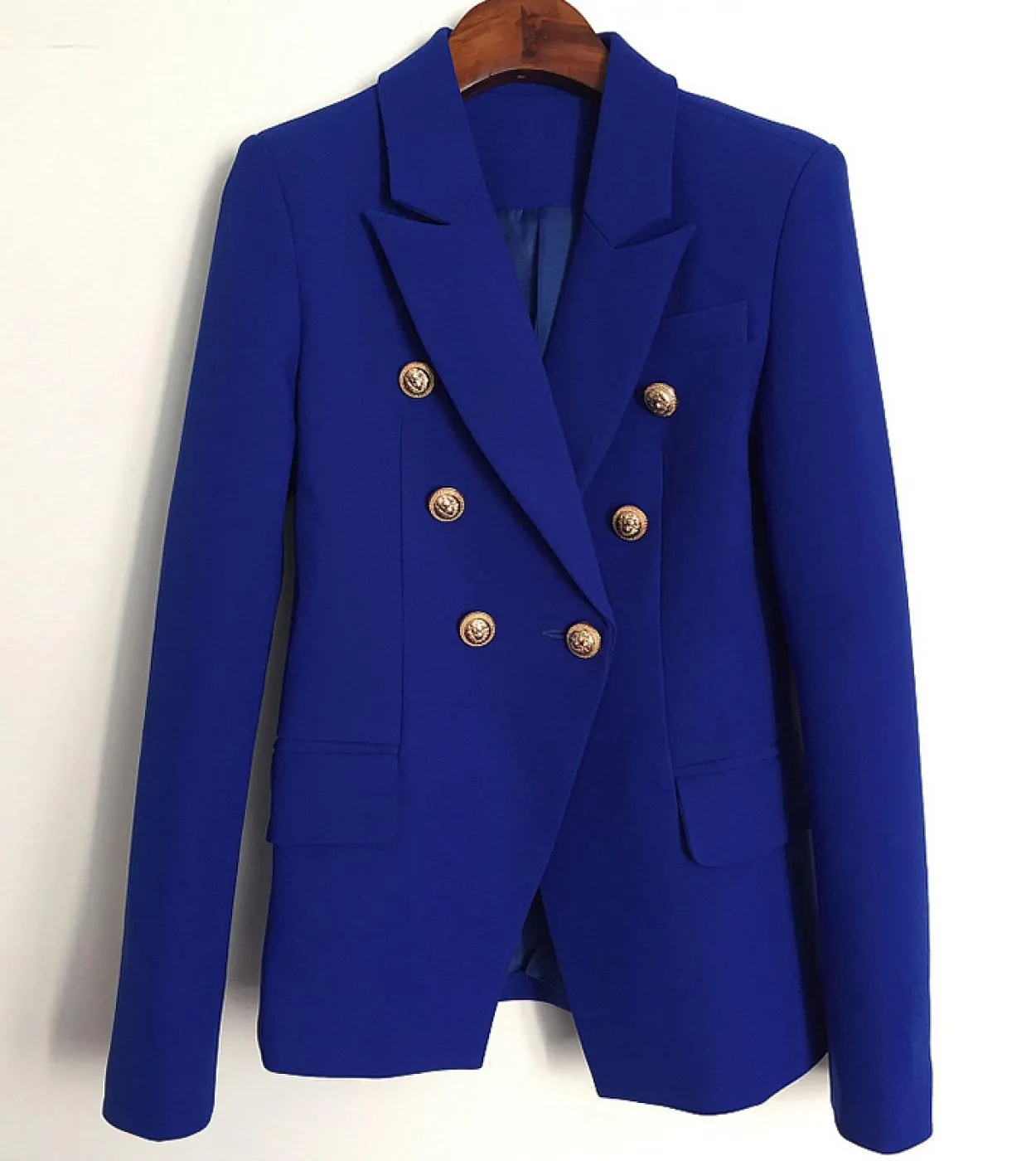 Blazer blu cielo Donna Nuovo cappotto da giacca femminile Moda fibbia in metallo Doppio petto Bottoni dorati Abito Baby Blue Bla
