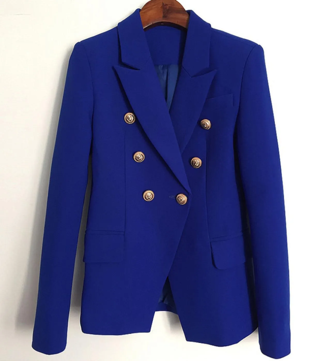Blazer blu cielo Donna Nuovo cappotto da giacca femminile Moda fibbia in metallo Doppio petto Bottoni dorati Abito Baby Blue Bla