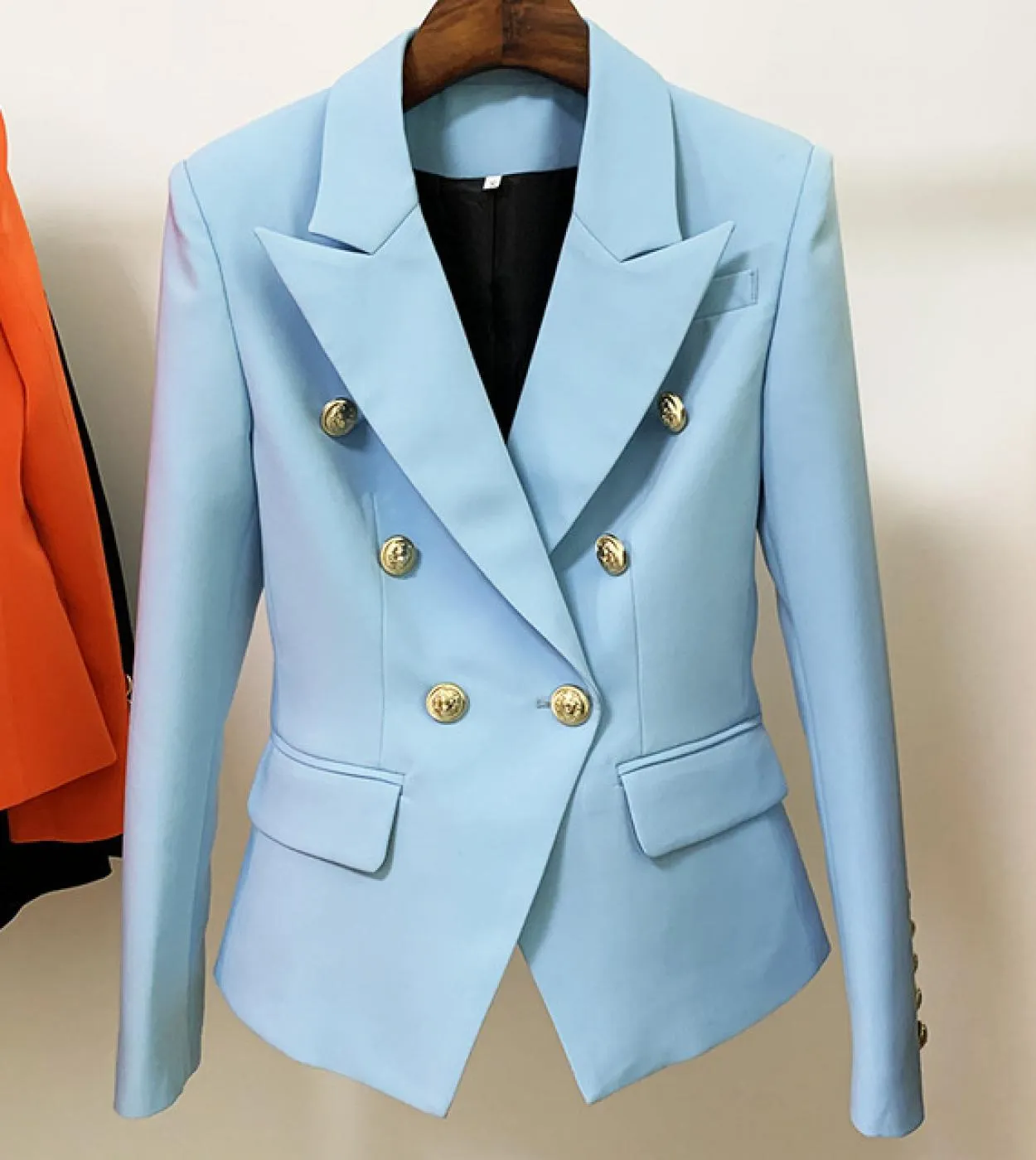 Blazer blu cielo Donna Nuovo cappotto da giacca femminile Moda fibbia in metallo Doppio petto Bottoni dorati Abito Baby Blue Bla