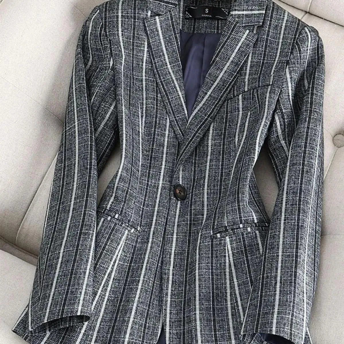 Blazer formale slim da donna a righe blu grigio Cappotto da giacca da lavoro da lavoro a maniche lunghe da donna a maniche lungh