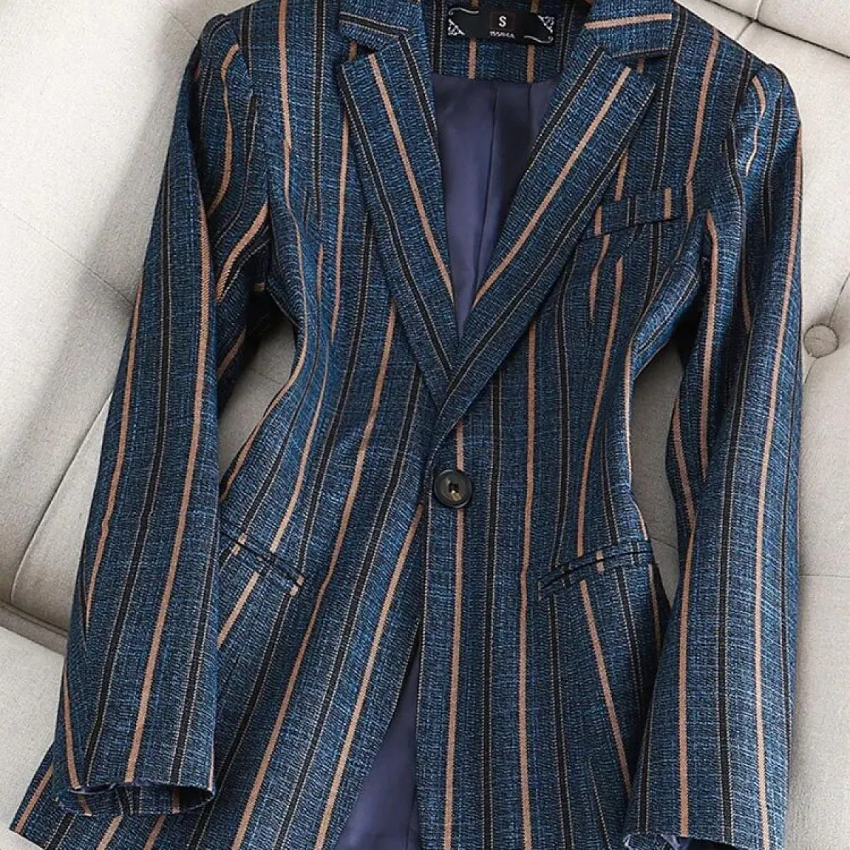 Blazer formale slim da donna a righe blu grigio Cappotto da giacca da lavoro da lavoro a maniche lunghe da donna a maniche lungh