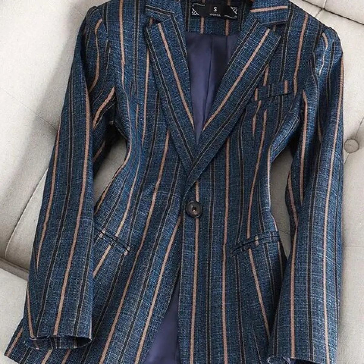 Blazer formale slim da donna a righe blu grigio Cappotto da giacca da lavoro da lavoro a maniche lunghe da donna a maniche lungh