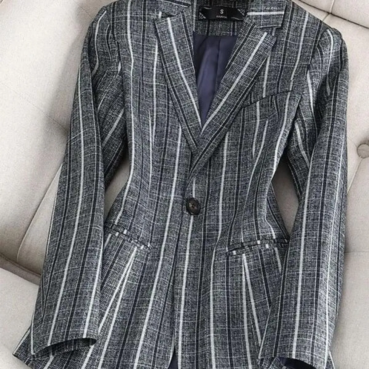 Blazer formale slim da donna a righe blu grigio Cappotto da giacca da lavoro da lavoro a maniche lunghe da donna a maniche lungh