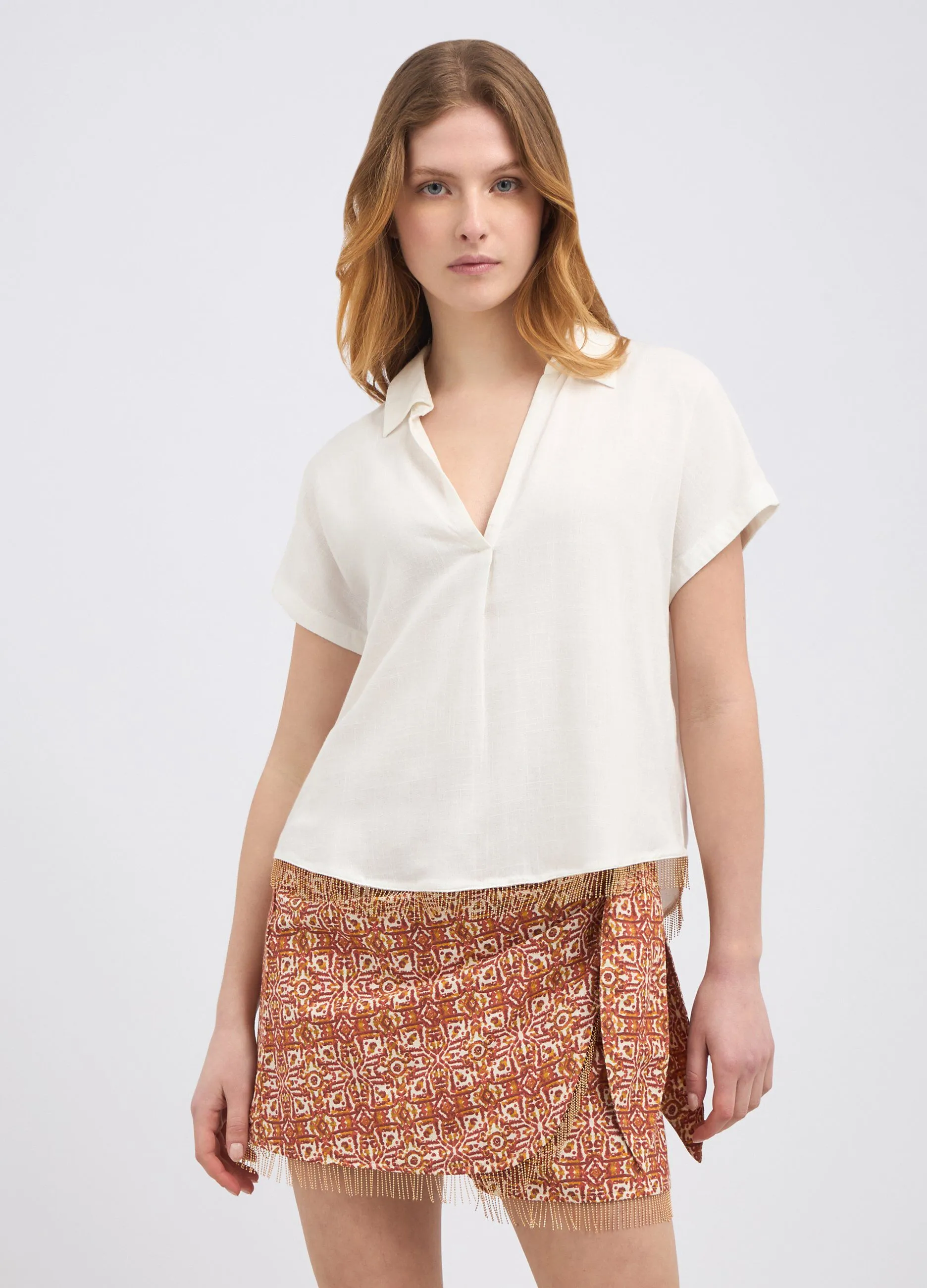 Blusa in misto lino con applicazioni sul fondo donna