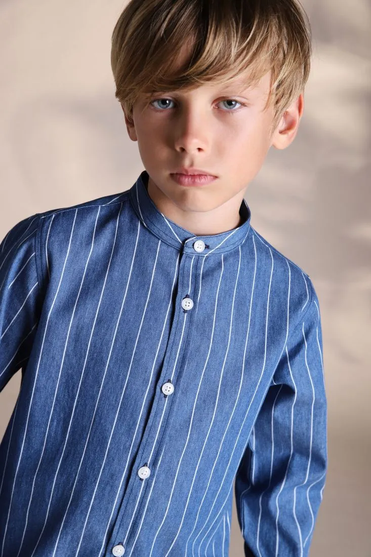 Camicia bambino a righe con collo alla coreana