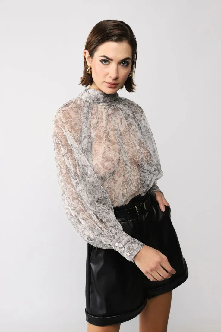 Camicia fantasia astratta effetto trasparenza con maniche bishop