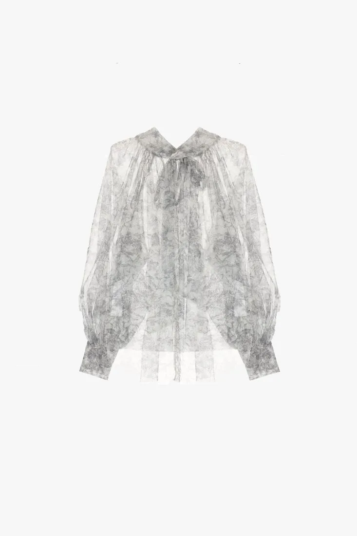 Camicia fantasia astratta effetto trasparenza con maniche bishop