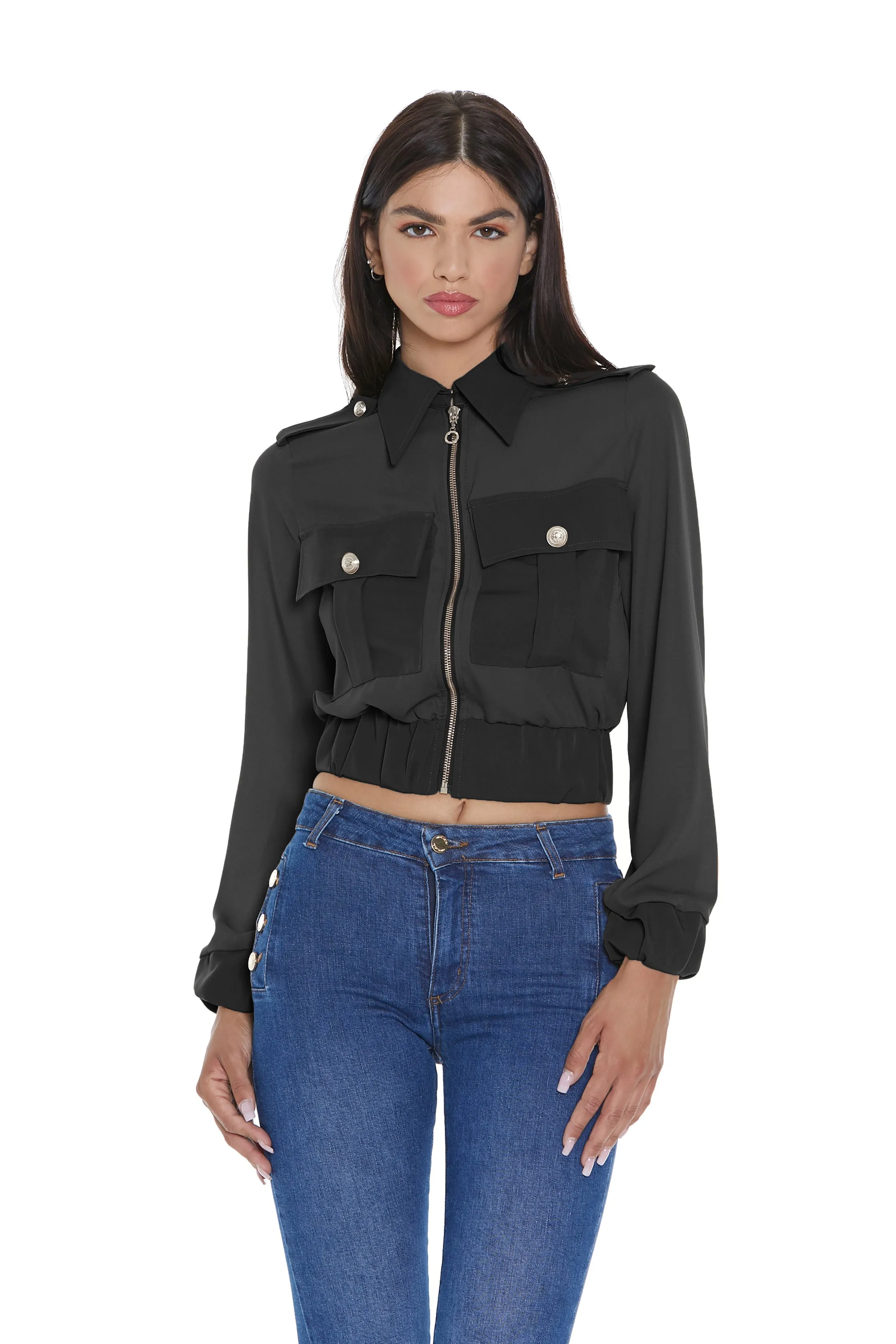 Camicia FUMIYO manica lunga con colletto più martingala più tasche più zip più tex a contrasto