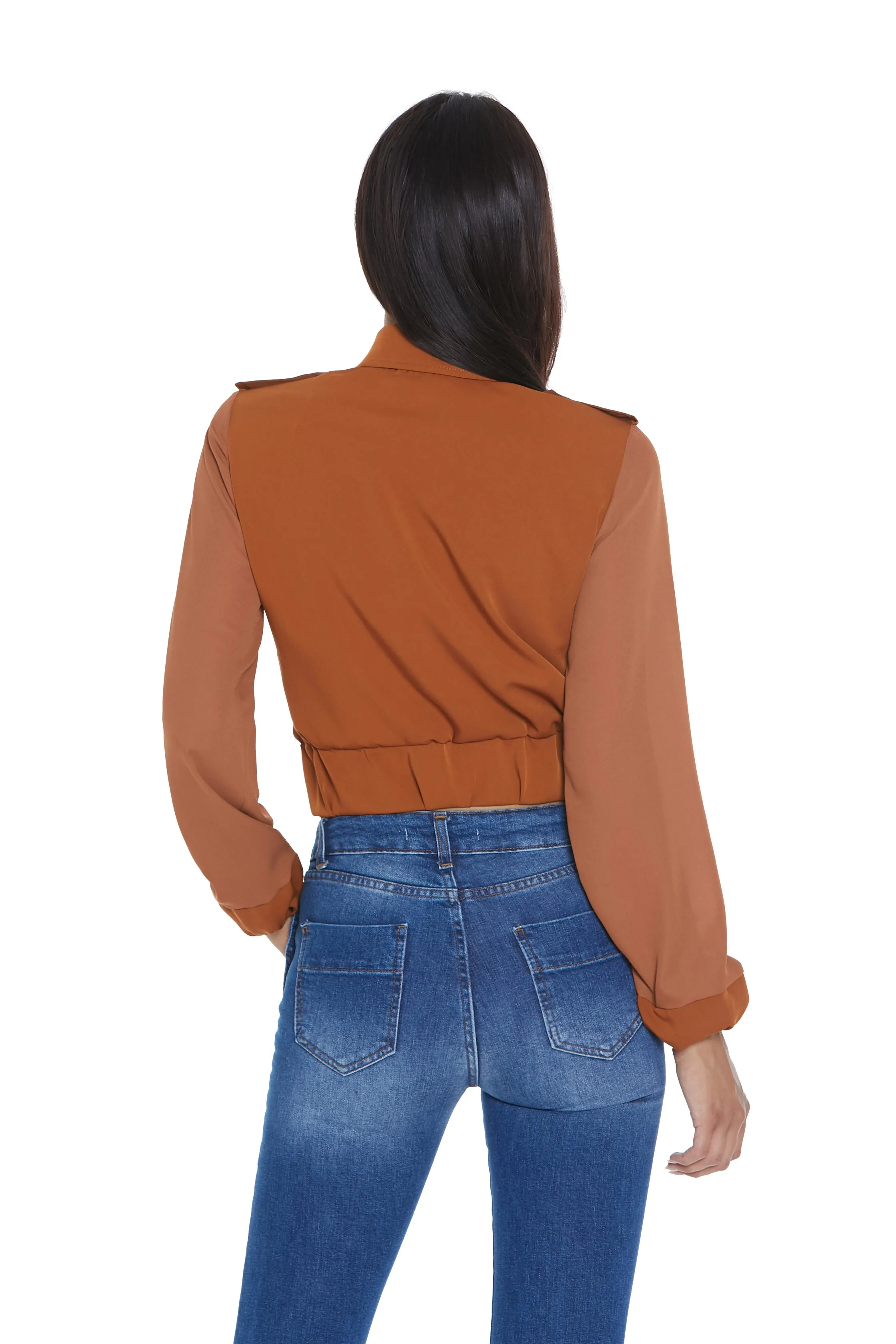 Camicia FUMIYO manica lunga con colletto più martingala più tasche più zip più tex a contrasto