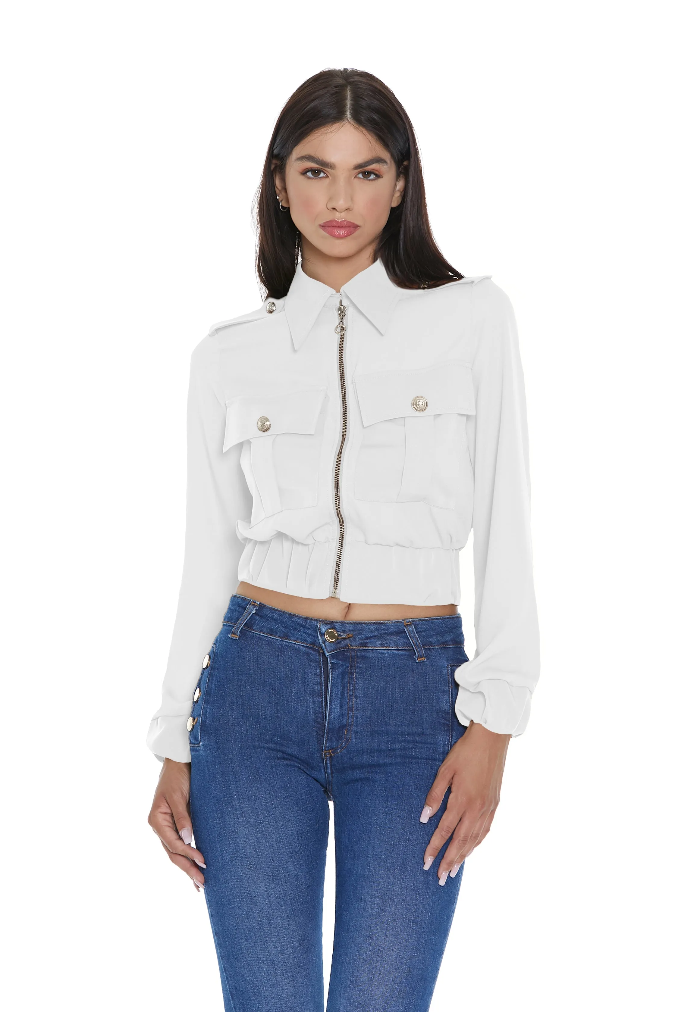 Camicia FUMIYO manica lunga con colletto più martingala più tasche più zip più tex a contrasto