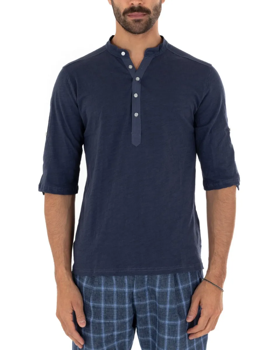 Camicia Uomo Casacca Morbida Serafino Bottoni Manica 3/4 Cotone Tinta Unita Blu GIOSAL-C2341A