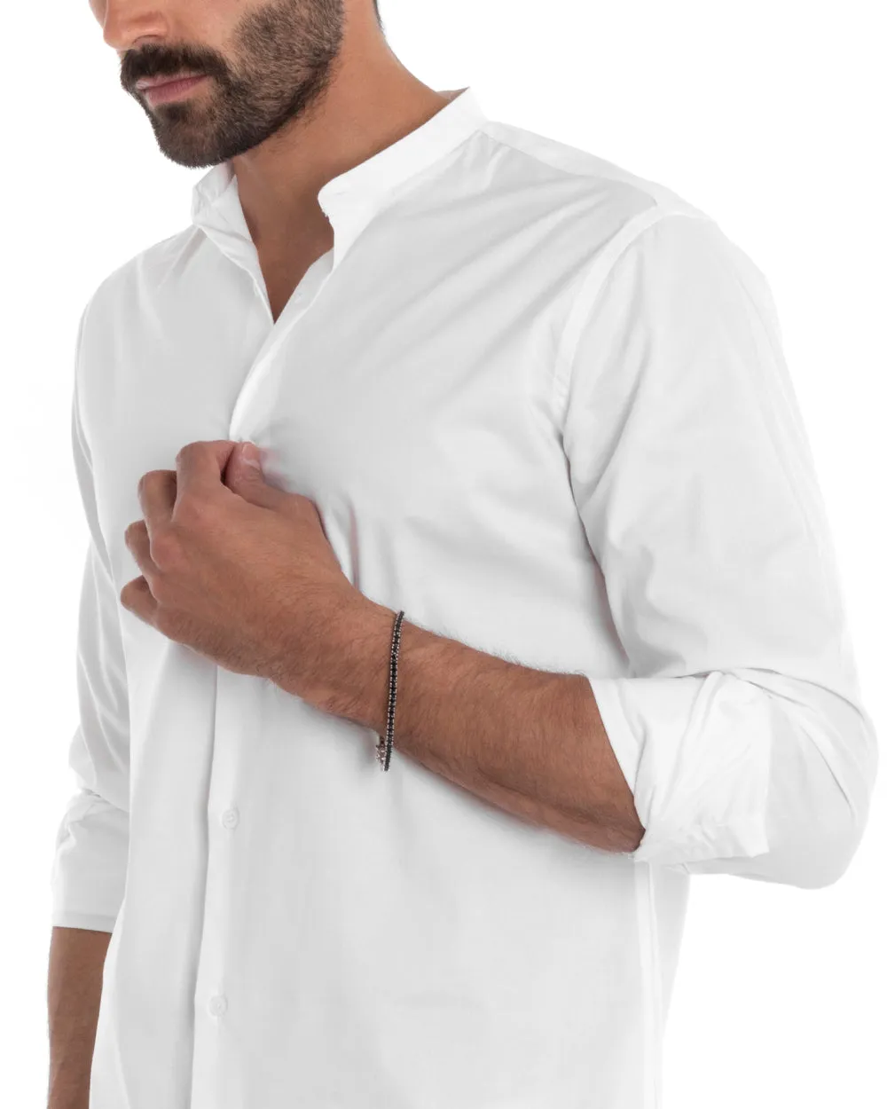 Camicia Uomo Sartoriale Collo Coreano Manica Lunga Basic Cotone Morbido Bianco Regular Fit GIOSAL-C2377A