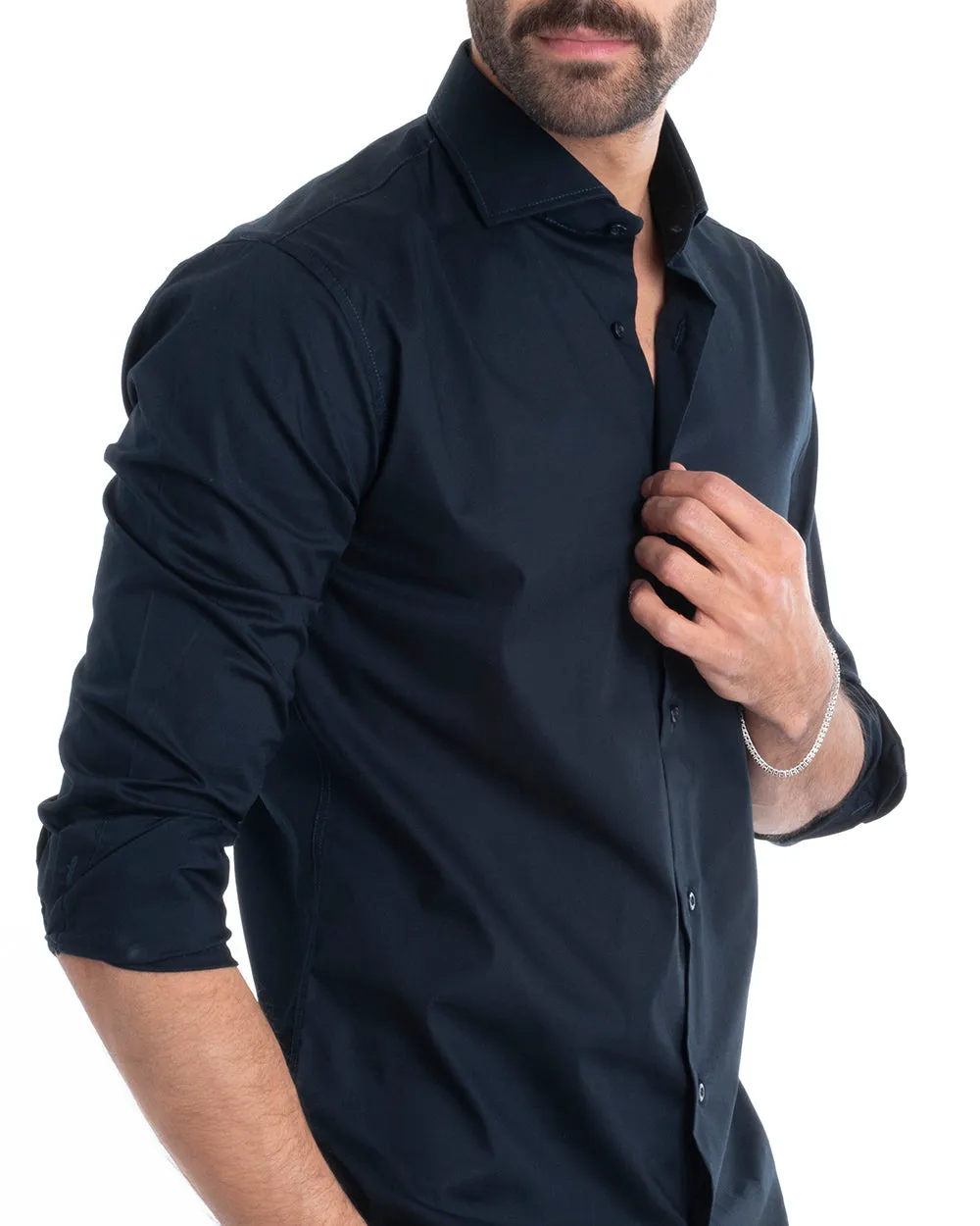 Camicia Uomo Sartoriale Con Colletto Manica Lunga Basic Cotone Morbido Blu Regular Fit GIOSAL-C2395A