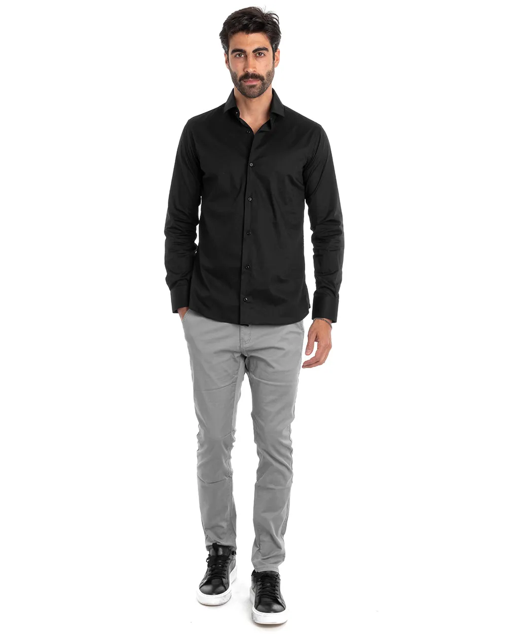 Camicia Uomo Sartoriale Con Colletto Manica Lunga Basic Cotone Morbido Nero Regular Fit GIOSAL-C2396A