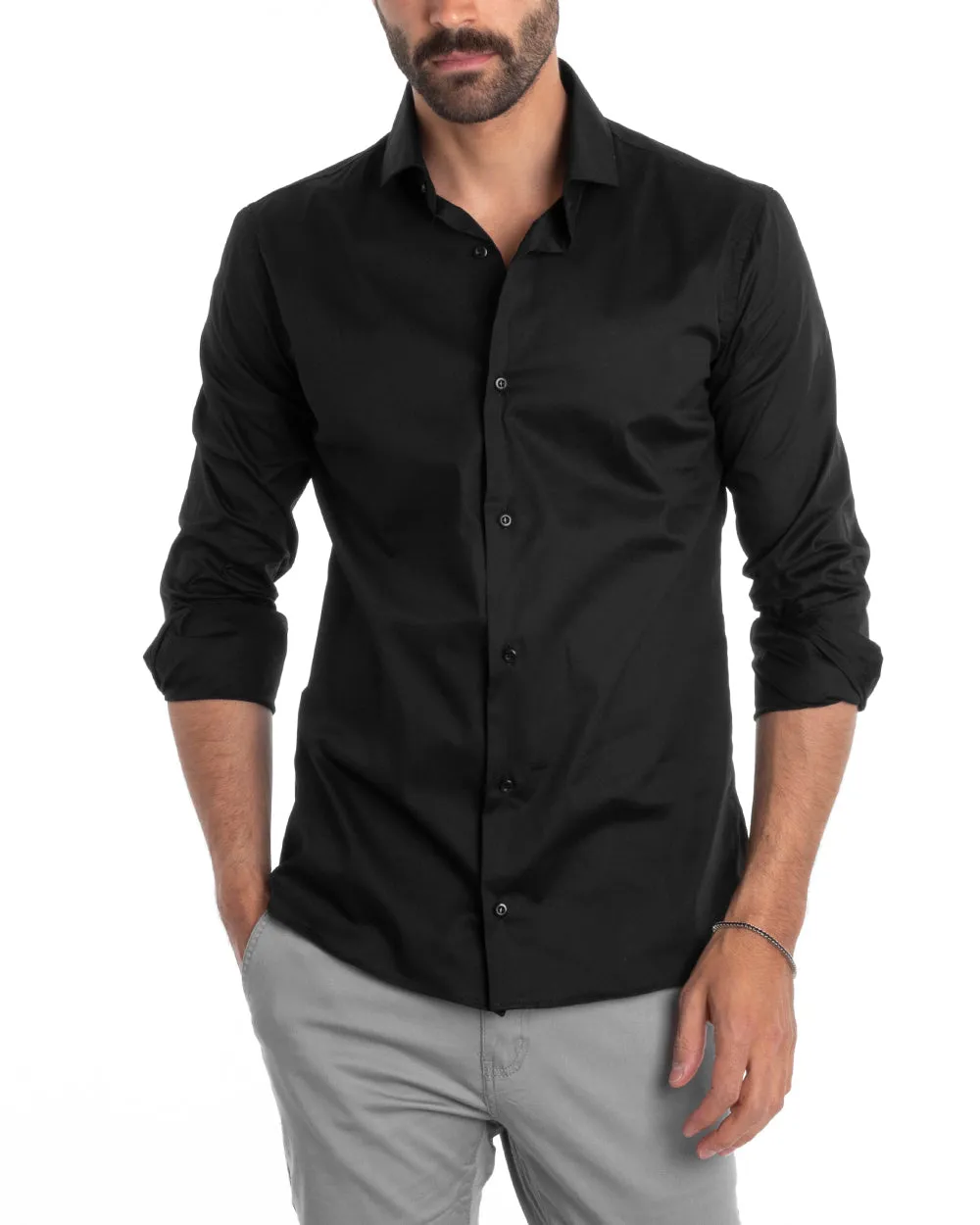 Camicia Uomo Sartoriale Con Colletto Manica Lunga Basic Cotone Morbido Nero Regular Fit GIOSAL-C2396A
