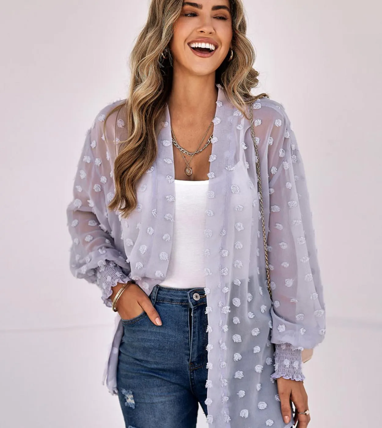 Camicie da donna in chiffon jacquard moda Cappotto cardigan sottile Maglia trasparente 2022 Autunno scollo a V Top Abbigliamento
